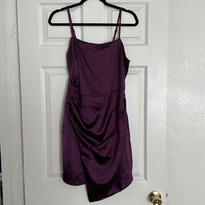 Lulus Romantic Bliss Purple Satin Asymmetrical Faux-Wrap Mini Dress